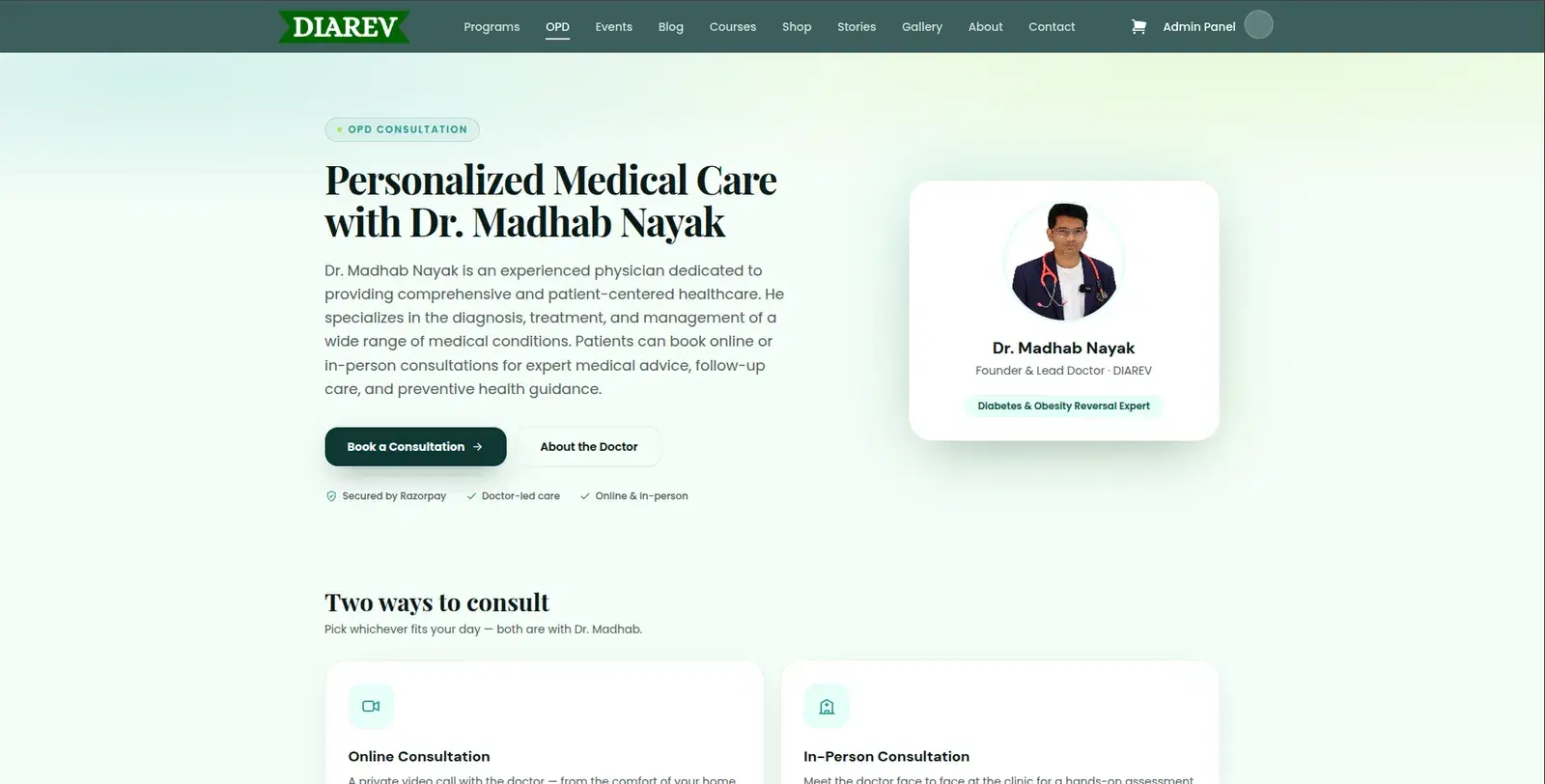 DIAREV OPD consultation booking page