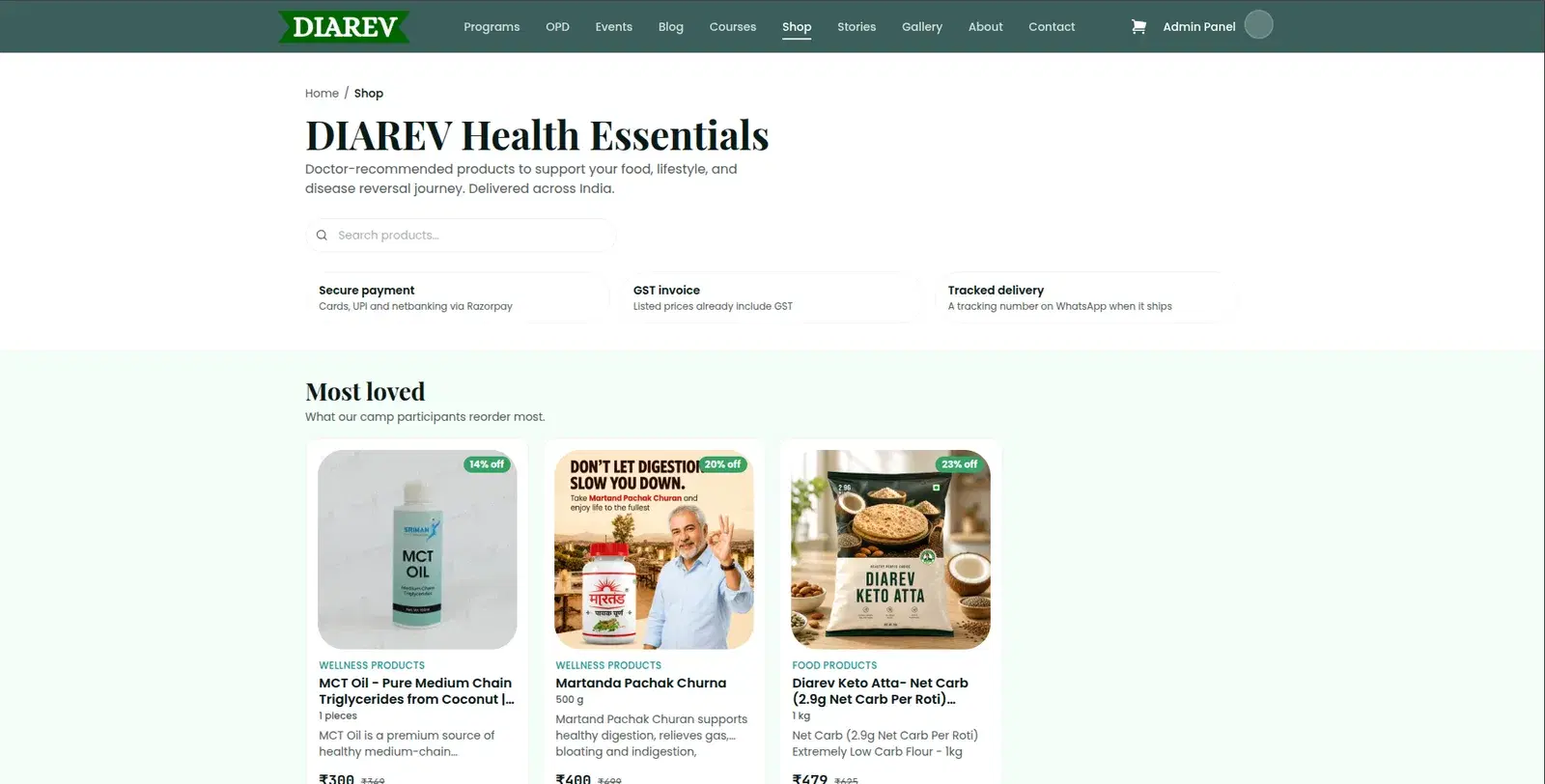 DIAREV Health Essentials shop page