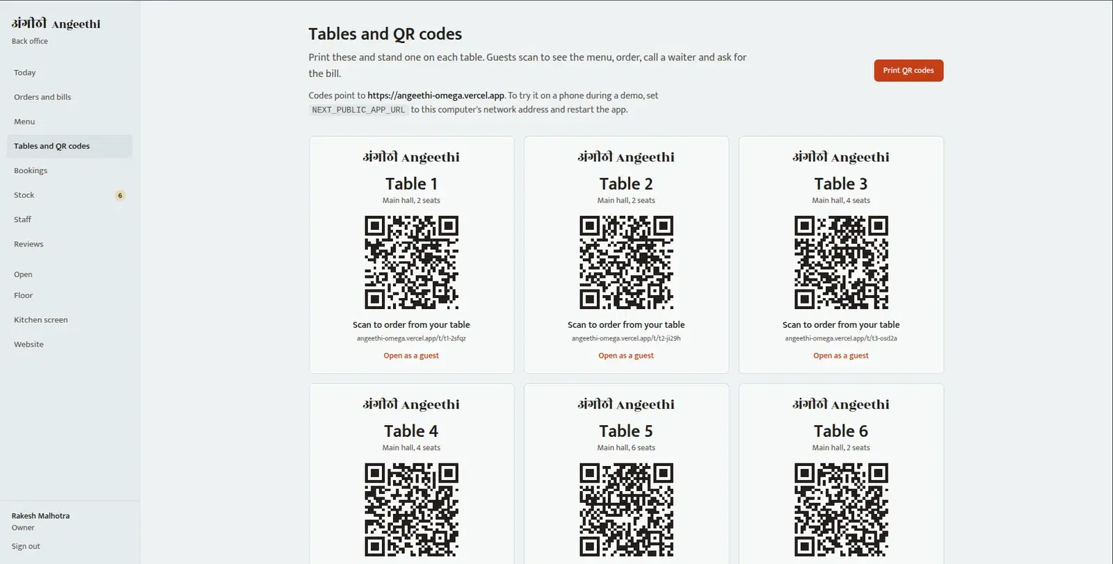 Angeethi back office screen listing every table's QR code and its ordering link