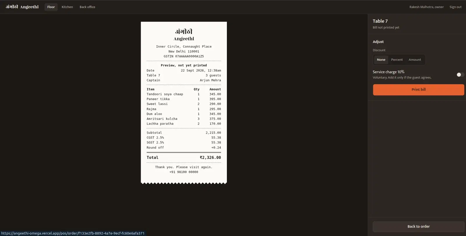 Angeethi bill preview with itemized order, CGST and SGST, and a print bill button