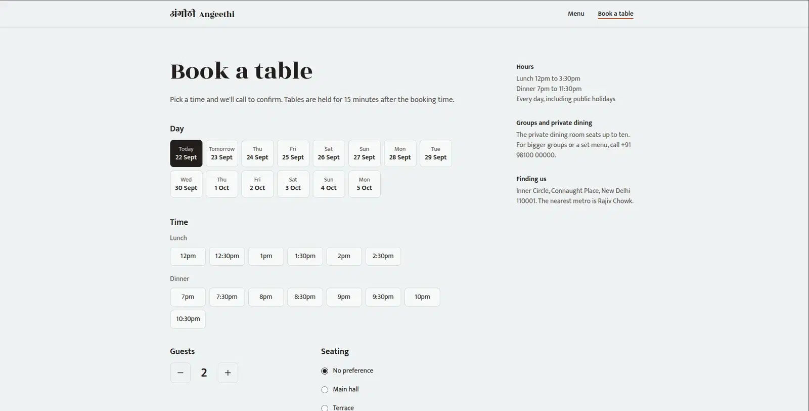 Angeethi book a table page with day, time and seating selection