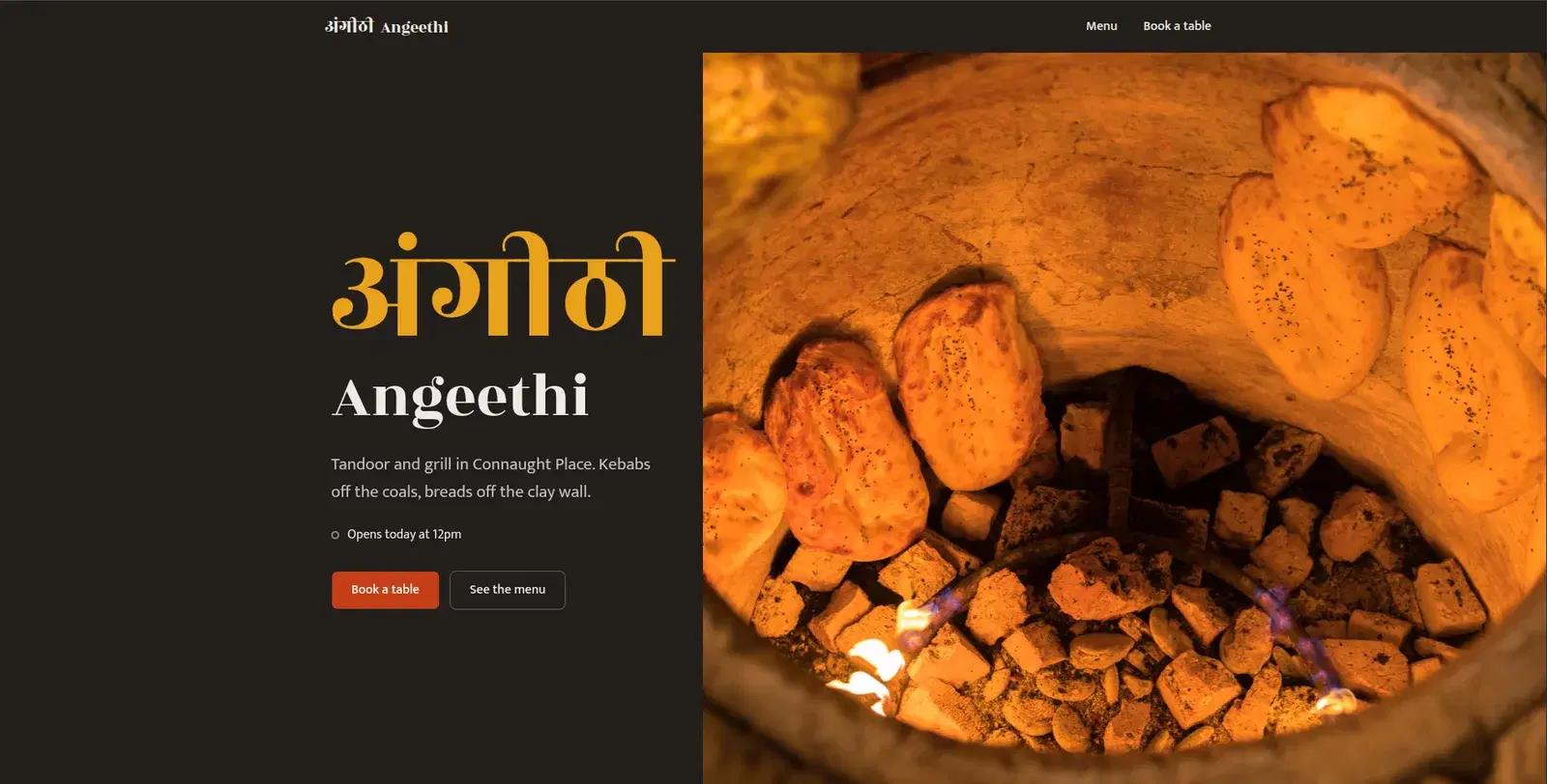 Angeethi public homepage with tandoor hero image