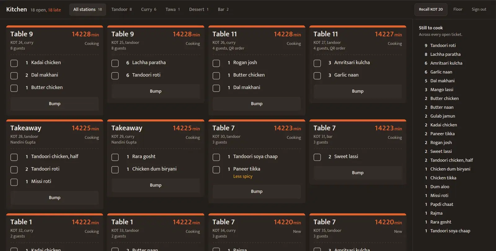 Angeethi kitchen display system showing tickets by table and station, with a Still to cook panel