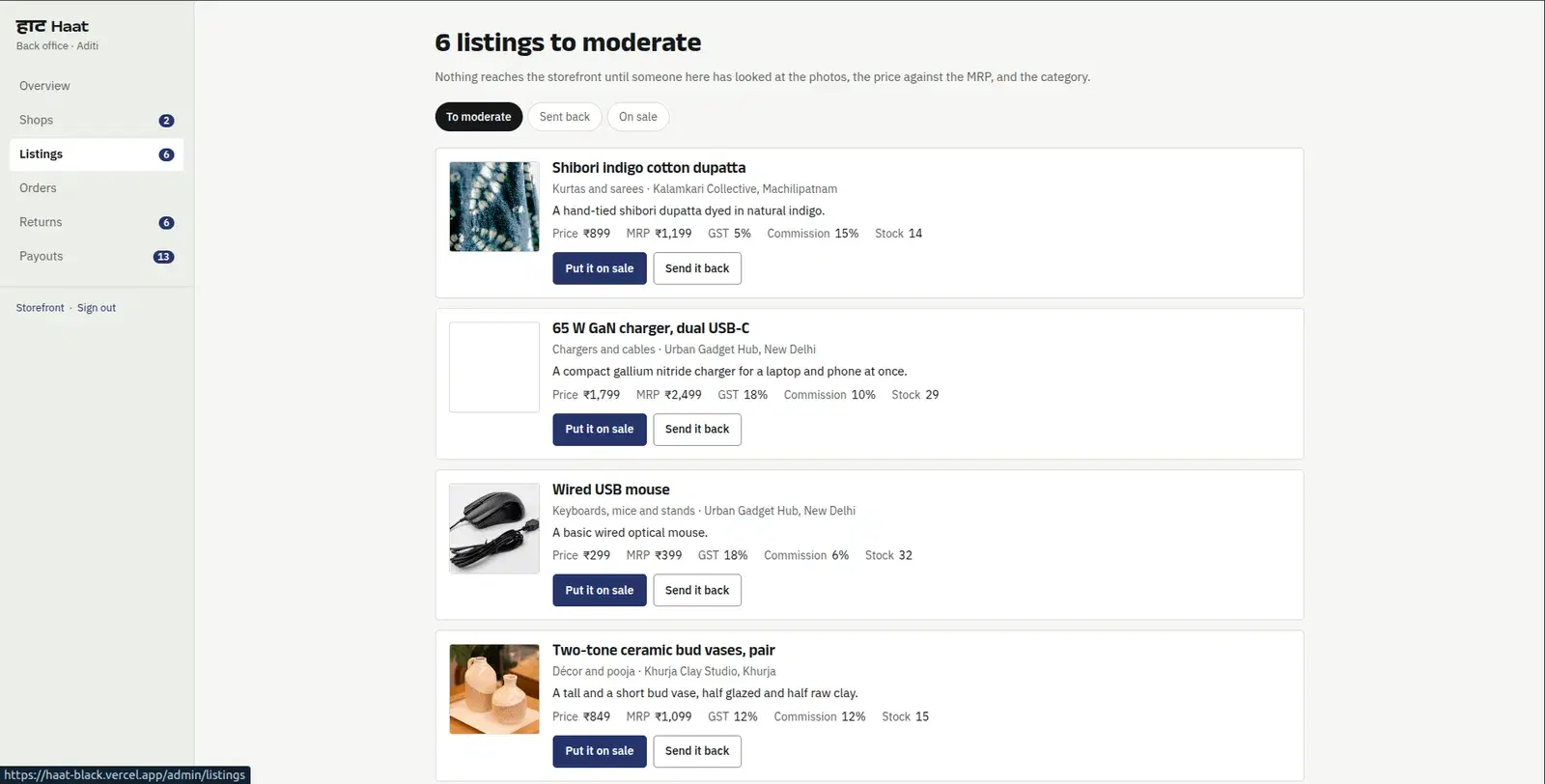 Haat platform admin screen for moderating new listings against price and category