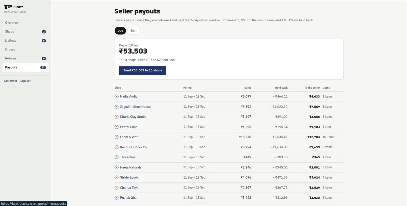 Haat platform admin screen for seller payouts, held-back amounts and totals due