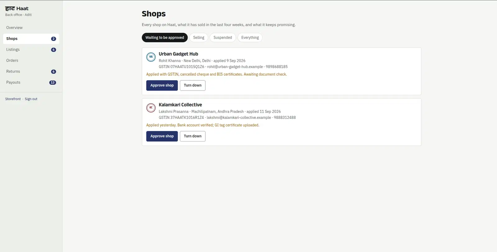 Haat platform admin screen for approving new shops, showing GSTIN and documents