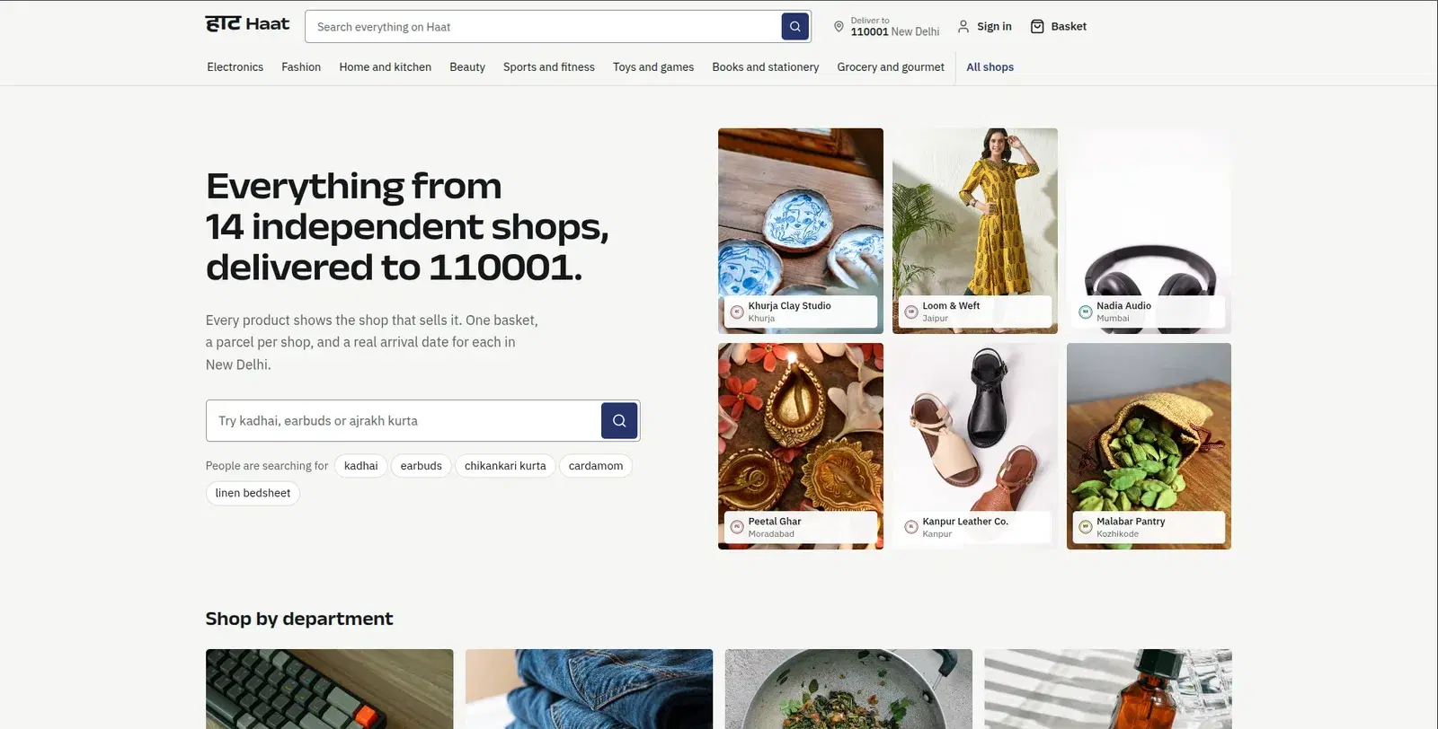 Haat homepage hero with search, departments and shop-tagged products