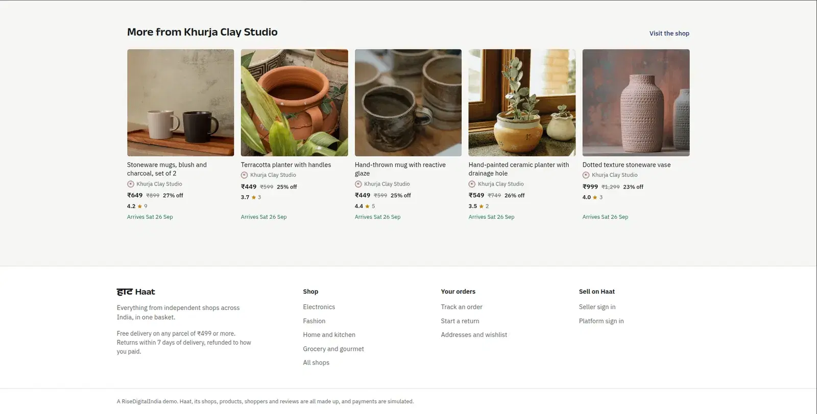 More products from Khurja Clay Studio, with the Haat footer showing delivery and return terms