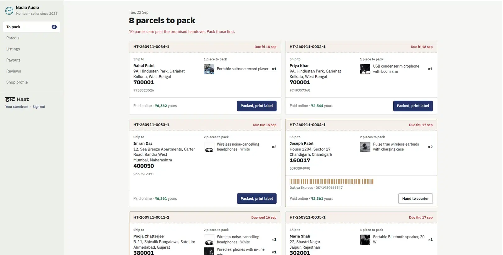 Nadia Audio's seller dashboard showing parcels to pack, addresses and courier handoff