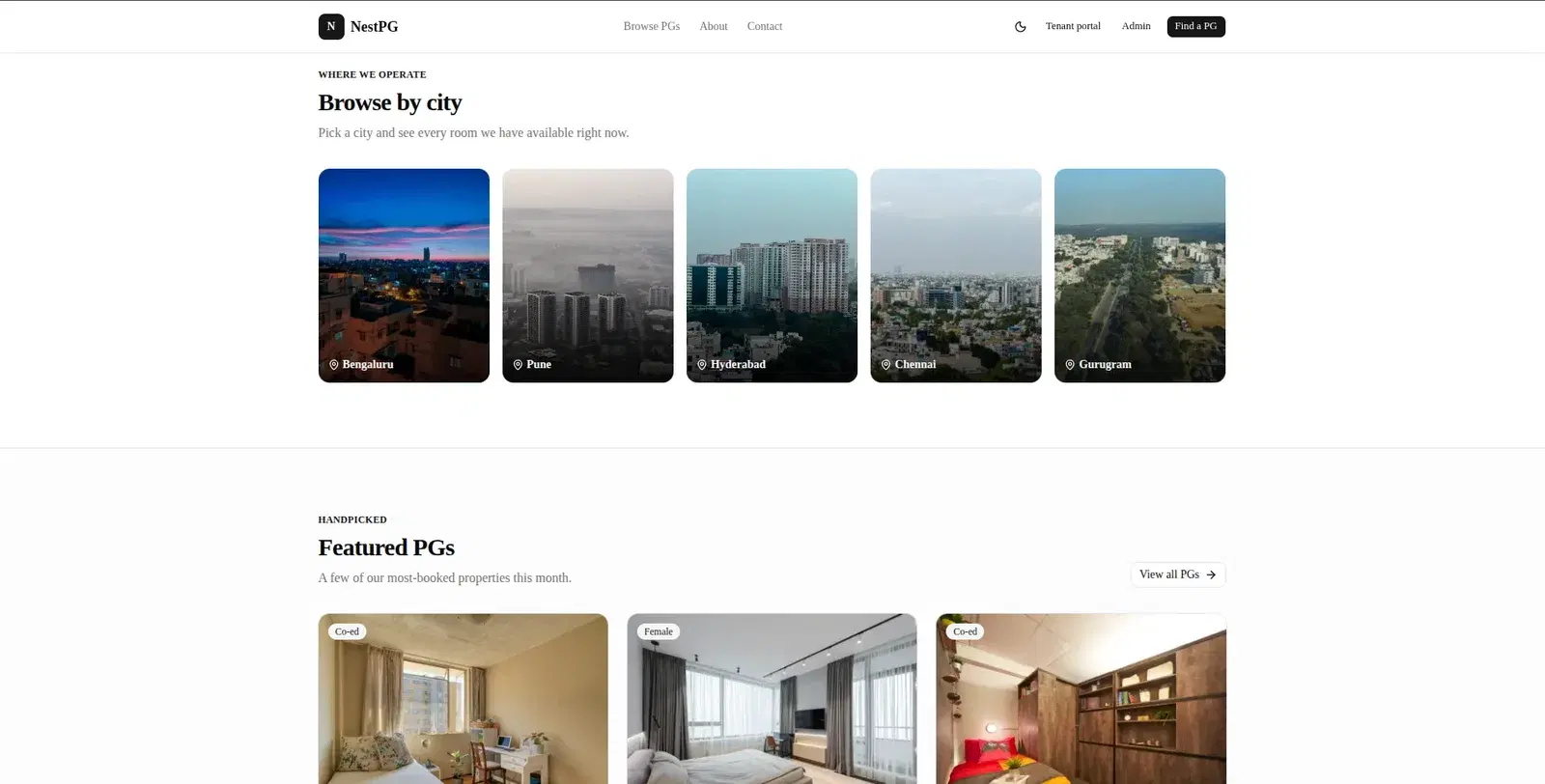 NestPG Browse by city tiles and Featured PGs section