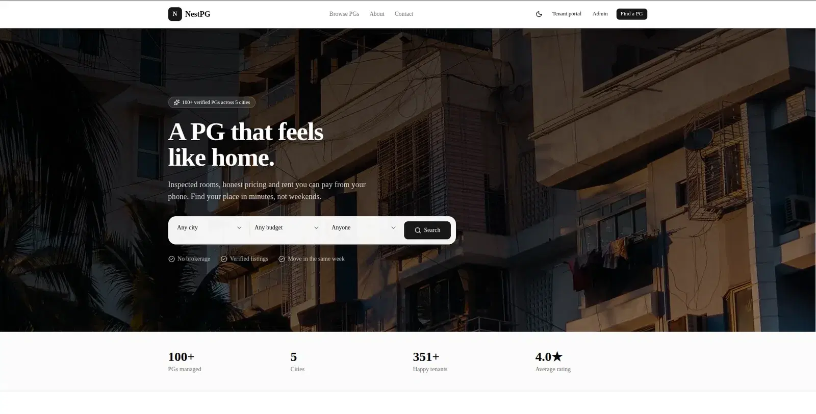 NestPG homepage hero with search bar and stats