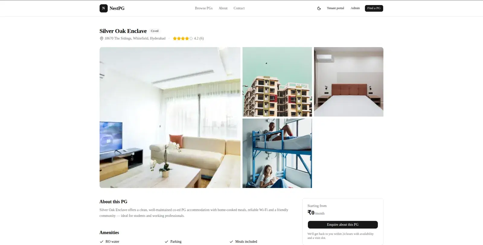 NestPG PG detail page for Silver Oak Enclave with photos, amenities and enquiry panel